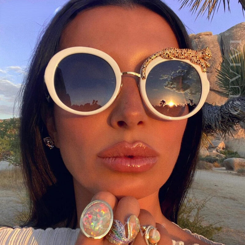 Round Sunglasses Women Luxury Brand Designer Zircon Sun Glasses UV400 Eyeglasses Personality Eyewear Crystal Leopard Shades - Image 5