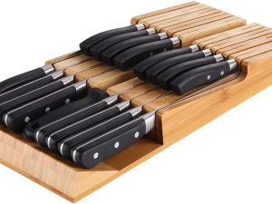 Bamboo In-Drawer Knife Block Set for 16 Knives(Not Included), Large Kitchen Detachable Washable Cutlery Slot Organizer Storage Holder for Sharpening Steel and Cutter