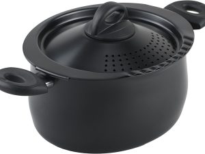 5.5 Quart Pasta Pot with Strainer Lid, Charcoal – Elongated Oval Pot for Longer Spaghetti, Lasagna, Penne & Farfalle Noodles, Heat Resistant Handles & Nonstick Interior, Large Pot for Cooking
