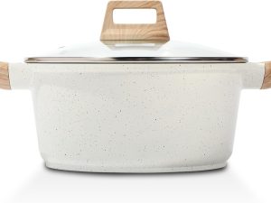 Nonstick Stock Pot with Lid, 5 Quart Granite Casserole Large Soup Pot Pasta Cooking Pot, Induction Compatible,  &  Free, White