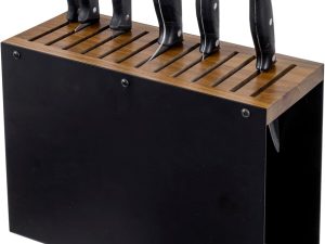 13 Slot Deluxe Natural Acacia Solid Wood and Matte Black Metal Universal Knife Block, Kitchen Countertop Cutlery Holder, Safe Blade Storage Knives Rack