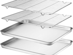 Baking Sheet & Rack Set [2 Sheets + 2 Racks], Stainless Steel Cookie Pan with Cooling Rack, Size 16 x 12 x 1 Inch, Non Toxic & Heavy Duty & Easy Clean