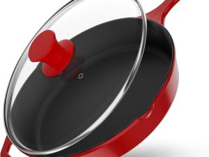 12 inch Saute Fry Pan Pre-Seasoned Cast Iron Skillet With Lid, Frying Pan, Cast Iron Pan, Safe Grill Cookware for Indoor & Outdoor Use - Cooking Gift for Men & Women (Red)