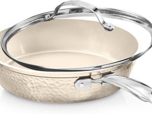 Hammered 10 Inch Non Stick Frying Pans with Lid, Frying Pans Nonstick with Lid, Healthy and Non Toxic Ceramic Pan for Cooking, Nonstick Frying Pan, Induction Pan, Dishwasher Safe – Cream