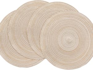 15 Inch Round Braided Placemats Set of 4, Washable Heat Resistant Cotton Polyester Circle Place Mats for Kitchen Dining Table - Canvas Beige