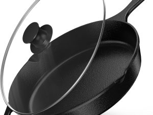 12 inch Saute Fry Pan Pre-Seasoned Cast Iron Skillet With Lid, Frying Pan, Cast Iron Pan, Safe Grill Cookware for Indoor & Outdoor Use - Cooking Gift for Men & Women (Black)