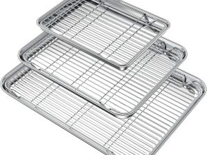 Baking Sheet with Rack Set (3 Pans + 3 Racks), Stainless Steel Baking Pan Cookie Sheet with Cooling Rack, Non Toxic & Heavy Duty & Easy Clean