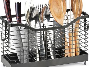 Utensil Holder for Kitchen Counter, Stainless Steel Utensil Drying Rack with 3 Compartments for Kitchen Countertop, Cooking Cutlery Silverware, Forks, Knives, Spoons Organizer