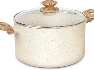 Nonstick Stock Pot - 6 Quart Cooking Pot White Granite, Soup Pot with Lid, Non Stick Pot with Stay-cool Handle, Non-Toxic, Induction Compatible