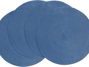 15 Inch Round Braided Placemats Set of 4, Washable Heat Resistant Cotton Polyester Circle Place Mats for Kitchen Dining Table - Sail Blue