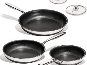 Non Stick Frying Pans Set - 3 Piece (8, 10, 12") Titanium Ceramic Pan with Lids, Nonstick Skillet Stainless Steel, PFAS PFOA & PTFE Free, Dishwasher & Oven Safe, All Cooktops Compatible