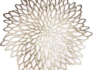 6 Pack Gold Placemats Metallic Pressed Vinyl Round Leaf Plastic Dinning Table Place Mats Fancy Decorative for Wedding Christmas Thanksgiving Holiday Spring Outdoor