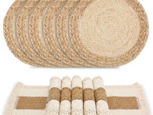 Handmade Boho Placemats Set of 6 - Natural Cotton Burlap and Water Straw Woven Combination Table Mats, Macrame Décor and Farmhouse Style Placemats, for Dining Table Kitchen