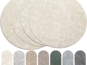 Round Placemats Set of 4, Reversible Faux Leather Heat Resistant Table Mats, 100% Waterproof Oilproof Wipeable Table Protective Placemats for Vinyl, Washable for Indoor & Outdoor Use (4, Beige)